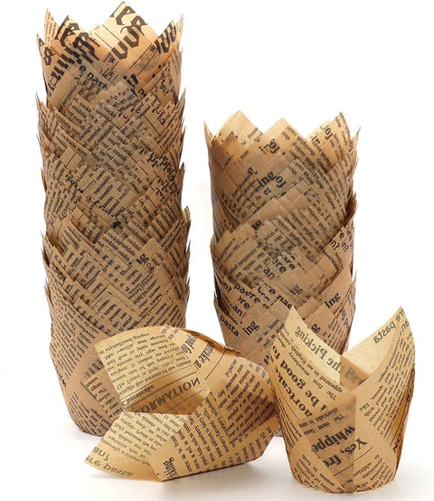 50pcs Tulip Cupcake Liners Baking Cups Muffin Liner Grease-Proof Paper Cupcake Wrappers (Natural Newspaper Printed)