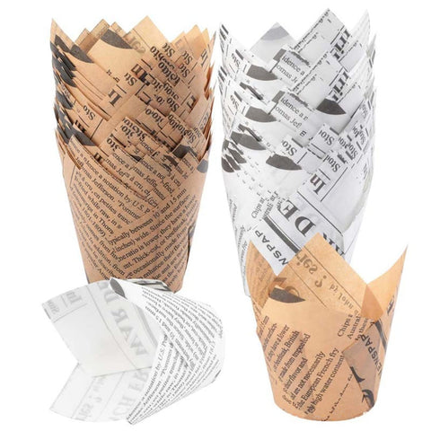 50pcs Tulip Cupcake Liners Baking Cups Muffin Liner Grease-Proof Paper Cupcake Wrappers (Natural Newspaper Printed)