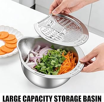 Rice Strainer, Stainless Steel Rice Washer Strainer Bowl, 2-in-1 Grater and Rice Washing Bow