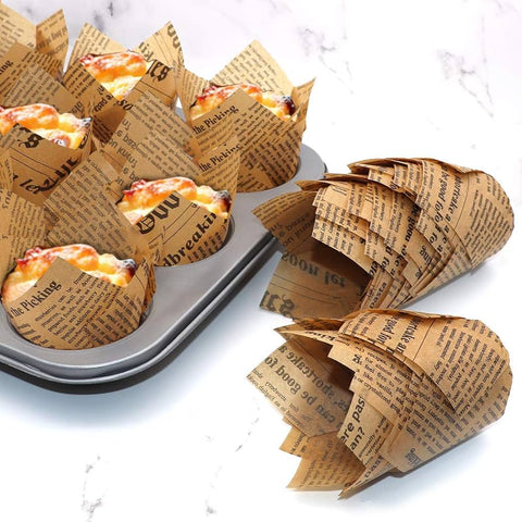 50pcs Tulip Cupcake Liners Baking Cups Muffin Liner Grease-Proof Paper Cupcake Wrappers (Natural Newspaper Printed)