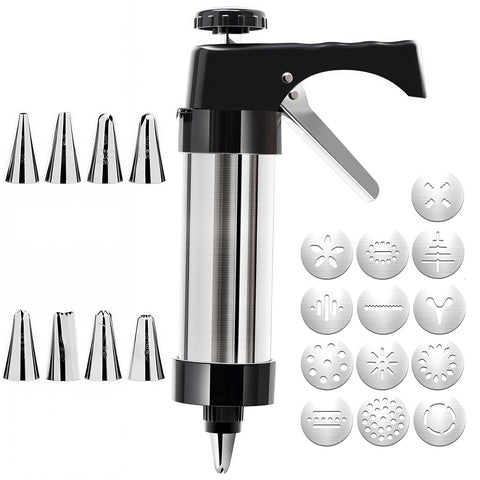 Cookie press with patterned discs and piping tips displayed on a white background