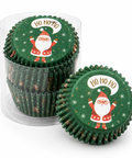 Green Santa cupcake liners with Ho Ho Ho lettering in a clear container