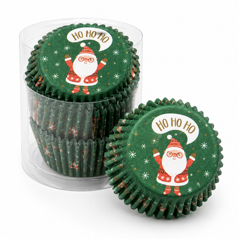 Green Santa cupcake liners with Ho Ho Ho lettering in a clear container