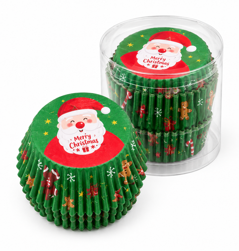 Green Merry Christmas cupcake liners with Santa designs and a clear container
