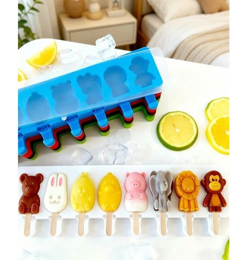 Fruit and animal-shaped silicone mold for making ice cream - 8 cavities, ice pop and ice lollipop maker, heat resistant and easy-release design, reusable baking tool for making homemade ice cream and desserts, ideal for summer parties and everyday DIY