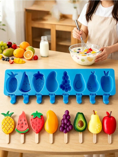 Fruit and animal-shaped silicone mold for making ice cream - 8 cavities, ice pop and ice lollipop maker, heat resistant and easy-release design, reusable baking tool for making homemade ice cream and desserts, ideal for summer parties and everyday DIY