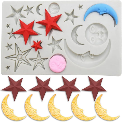 Moon and Star Silicone Moulds 3D Sun Face Moon Stars Chocolate Molds Silicone Polymer Clay Cloud Candy Molds Epoxy Resin for DIY Cake Cupcake