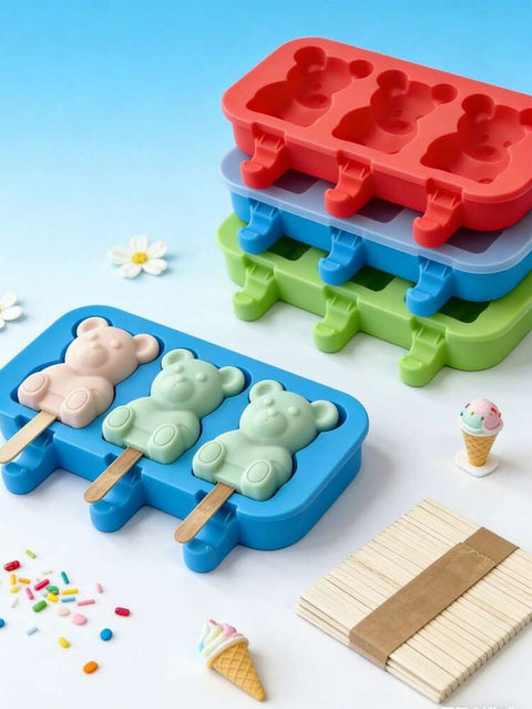 3-In-1 Cartoon Bear Popsicle Mold | DIY Ice Cream Mold | Comes With 50 Wooden Sticks | Cute Design | Kids Craft/Party/Picnic | Silicone