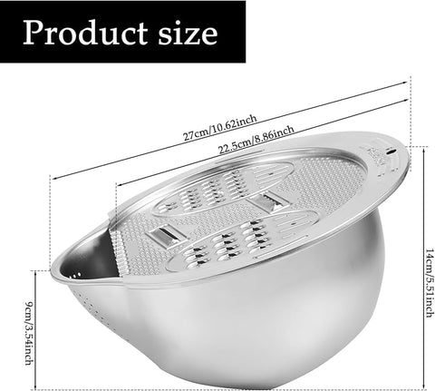 Rice Strainer, Stainless Steel Rice Washer Strainer Bowl, 2-in-1 Grater and Rice Washing Bow