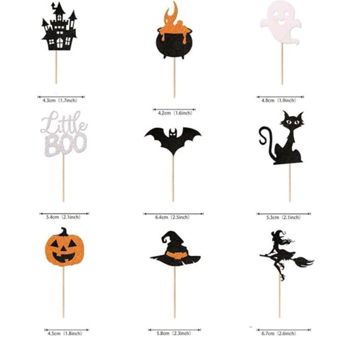 18-Piece Halloween Cupcake Toppers – Glitter Bat, Pumpkin, Ghost & Spooky Designs