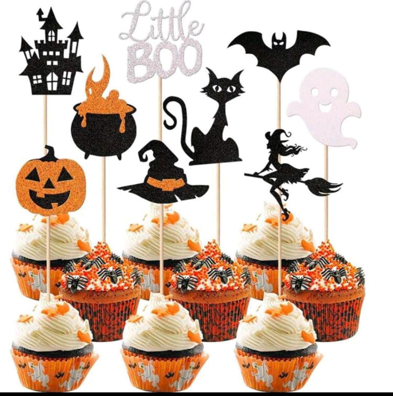 18-Piece Halloween Cupcake Toppers – Glitter Bat, Pumpkin, Ghost & Spooky Designs