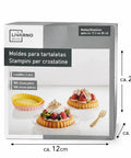 Livarno tart mold packaging with a photograph of tartlets and a dimension diagram