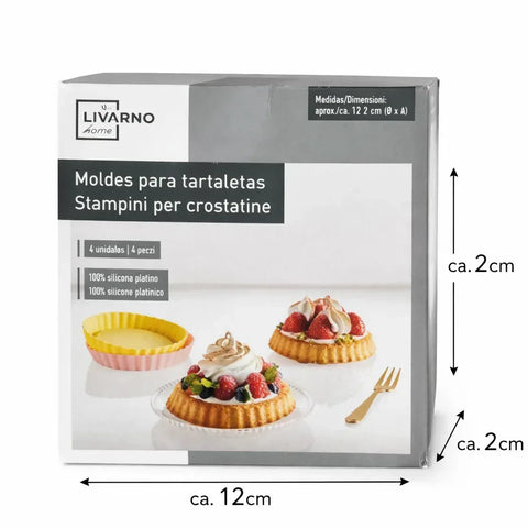 Livarno tart mold packaging with a photograph of tartlets and a dimension diagram
