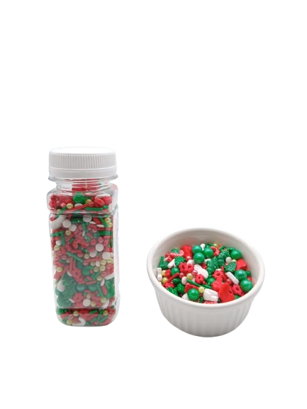 Christmas Baked Cake Decorated With Christmas Candy Beads Mixed Sugar Sweet In Jar