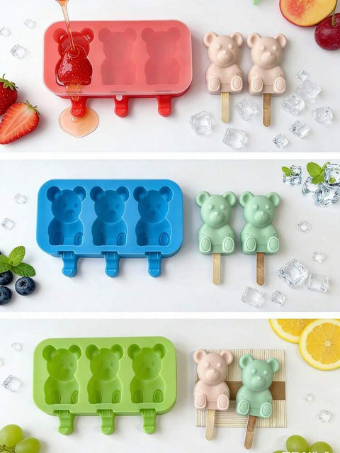 3-In-1 Cartoon Bear Popsicle Mold | DIY Ice Cream Mold | Comes With 50 Wooden Sticks | Cute Design | Kids Craft/Party/Picnic | Silicone