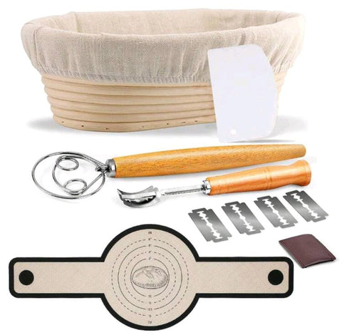 Oval Sourdough Bread Proofing Basket Kit – 12 Pieces with Liner, Danish Whisk, Lame