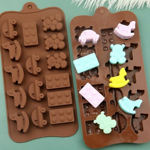 Silicone Chocolate Molds: Toy, Car, Block, and Bear Shapes