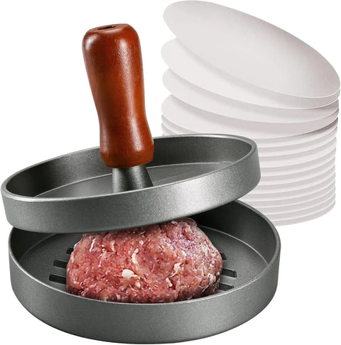 Burger Press Patty Maker Stainless Steel Non-Stick Mold Wood Handle Munchies House