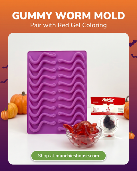 Gummy worm mold paired with Red Gel Coloring