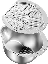 Rice Strainer, Stainless Steel Rice Washer Strainer Bowl, 2-in-1 Grater and Rice Washing Bow