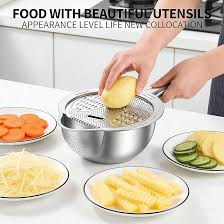 Rice Strainer, Stainless Steel Rice Washer Strainer Bowl, 2-in-1 Grater and Rice Washing Bow