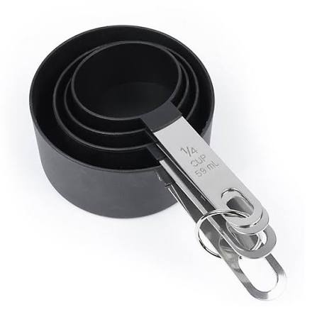 8 Piece Measuring Cups and Spoon Set - Plastic Measuring Cup and Spoon with Stainless Steel Handle, Measuring Tool for Liquids and Solids (Black)
