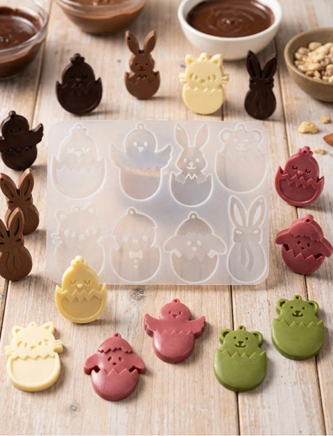 1pcs DIY Chocolate Silicone Mold, Easter Series Candy Duck Silicone Mold, Strawberry Pudding Mold, Colored Egg, White Rabbit, Chick, Cat Mold